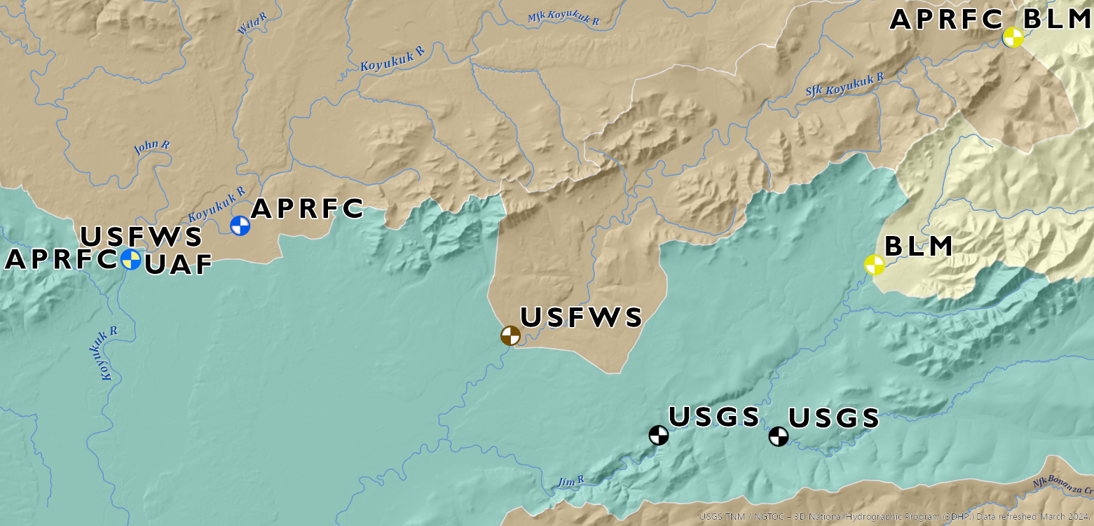 Decorative banner image for AKFlow project, showing the location of and agencies responsible for various stream gages in central Alaska.