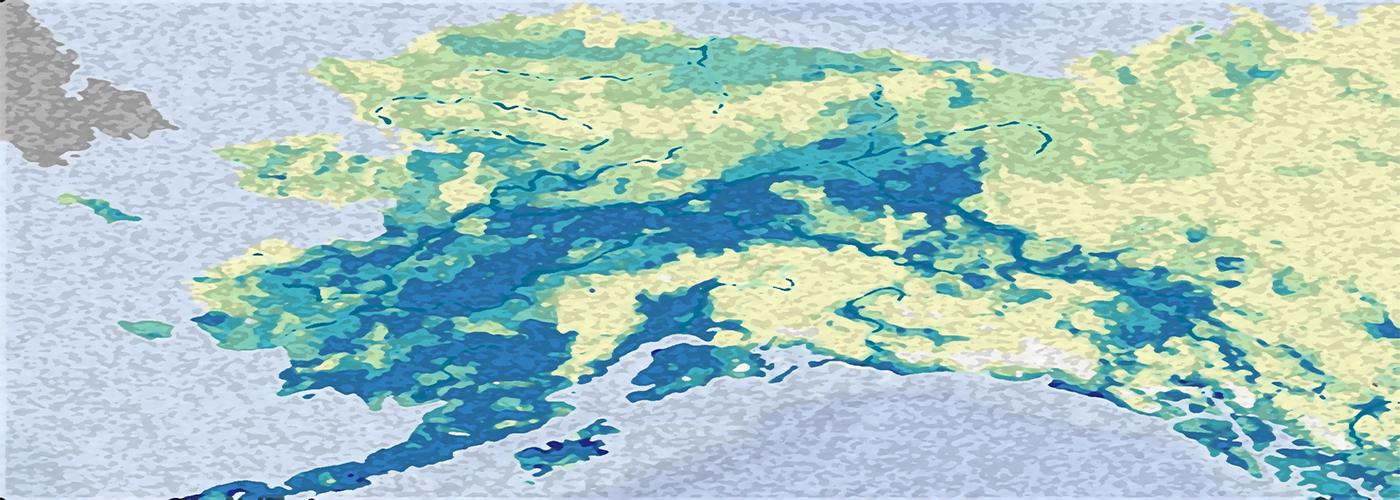 Decorative banner image for the Freshwater Invasives project, showing the cumulative vulnerability for sub-basins in Alaska.