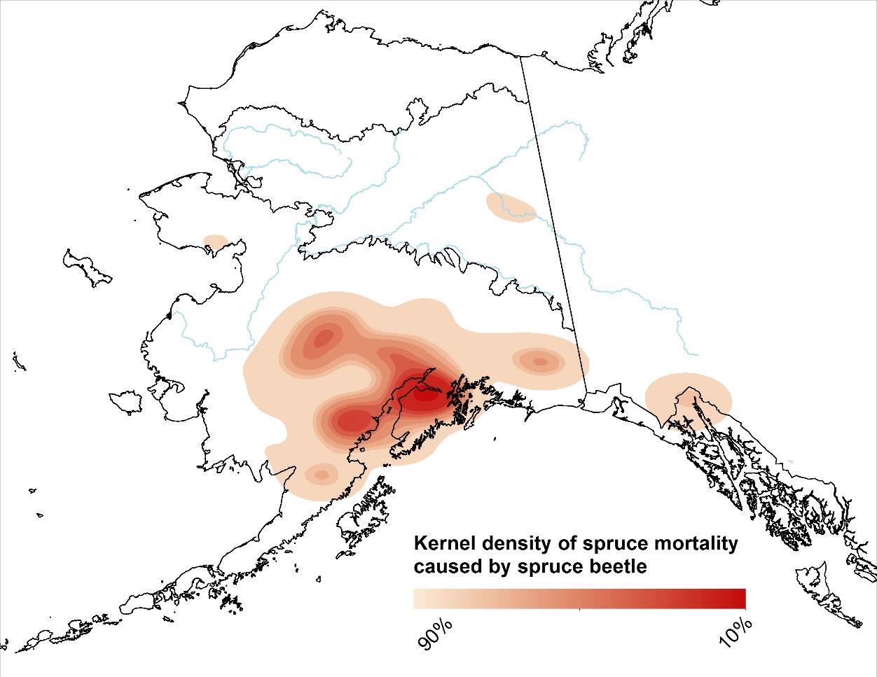 Kernel density of spruce beetle damage