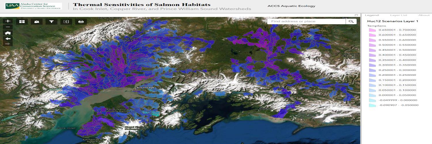 Screenshot of Stream Thermal Sensitivty webmap showing salmon habitat with thermal sensitivity score